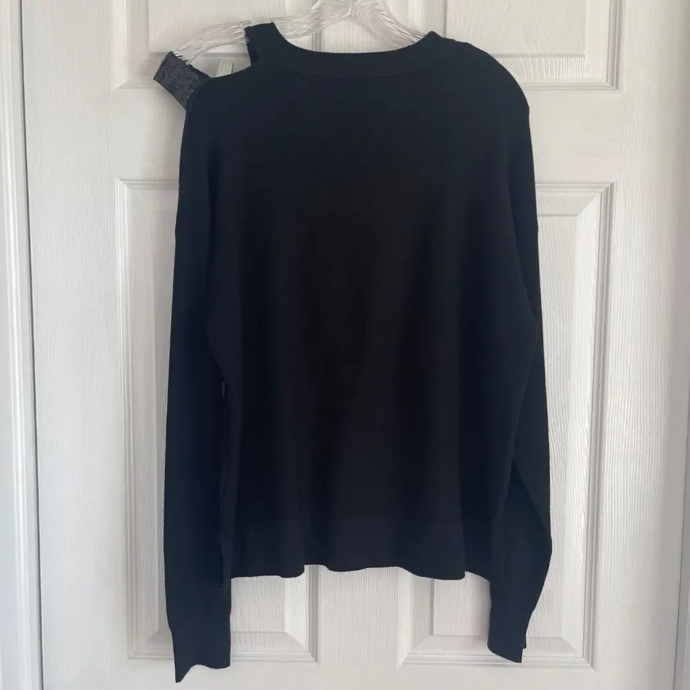 DKNY Black Sequined Shoulder Cut-out Sweater Sz S NWOT
